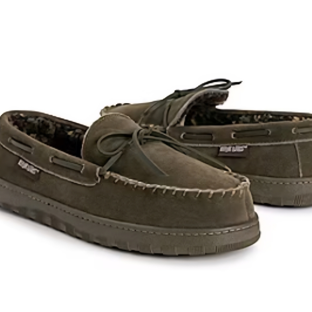 MUK LUKS Mens 11 W Wide Olive Suede Memory Foam Moccasin Slippers Indoor Outdoor